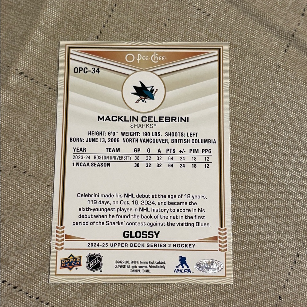 O-Pee-Chee Glossy Macklin Celebrini Sharks Hockey Card - Blue - Picture 2 of 2